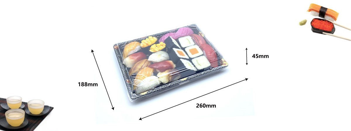 A sushi tray with assorted sushi, dimensions 260mm x 188mm x 45mm shown.