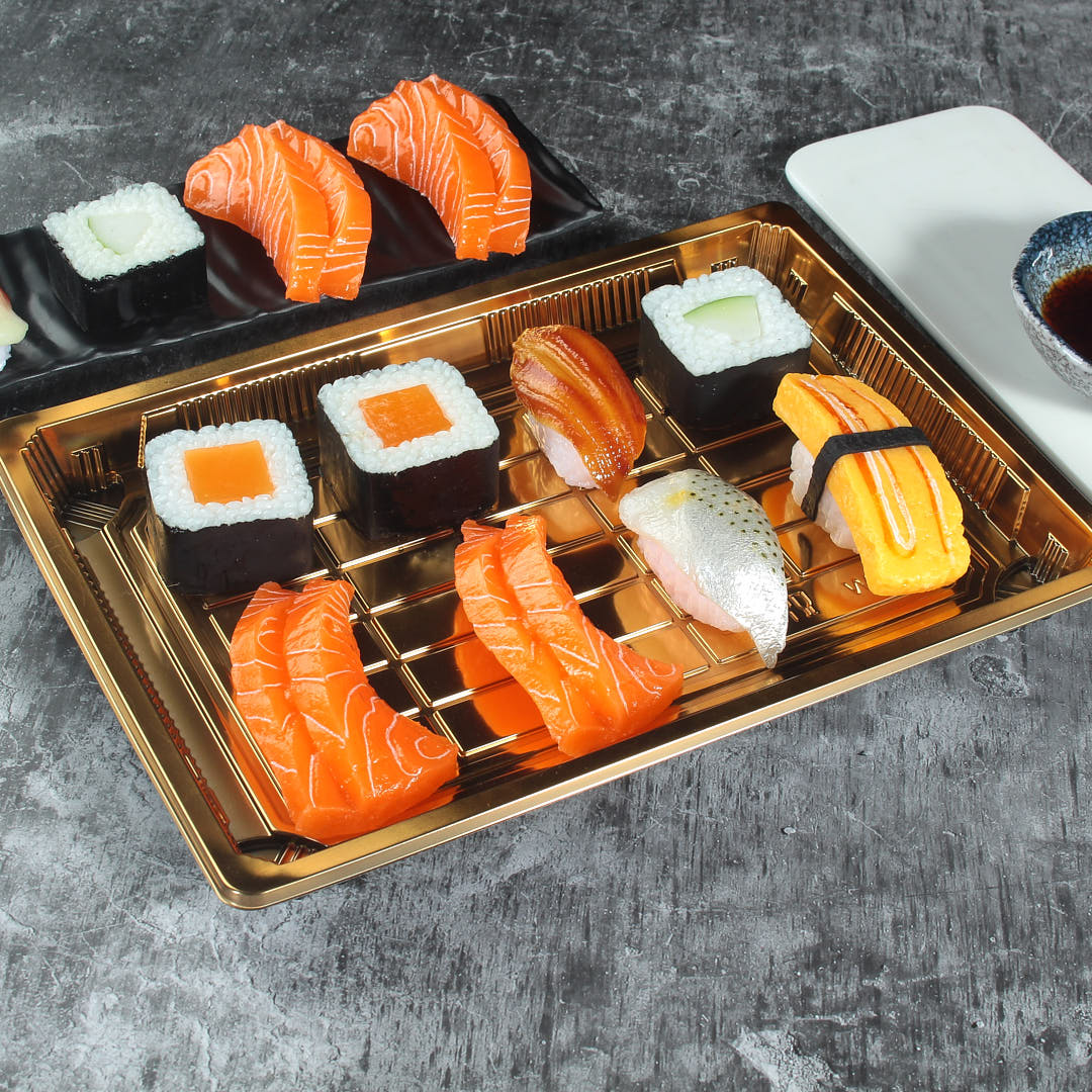 Gold Japanese Sushi Tray with eight pieces of sushi in it without lid ｜WL-11