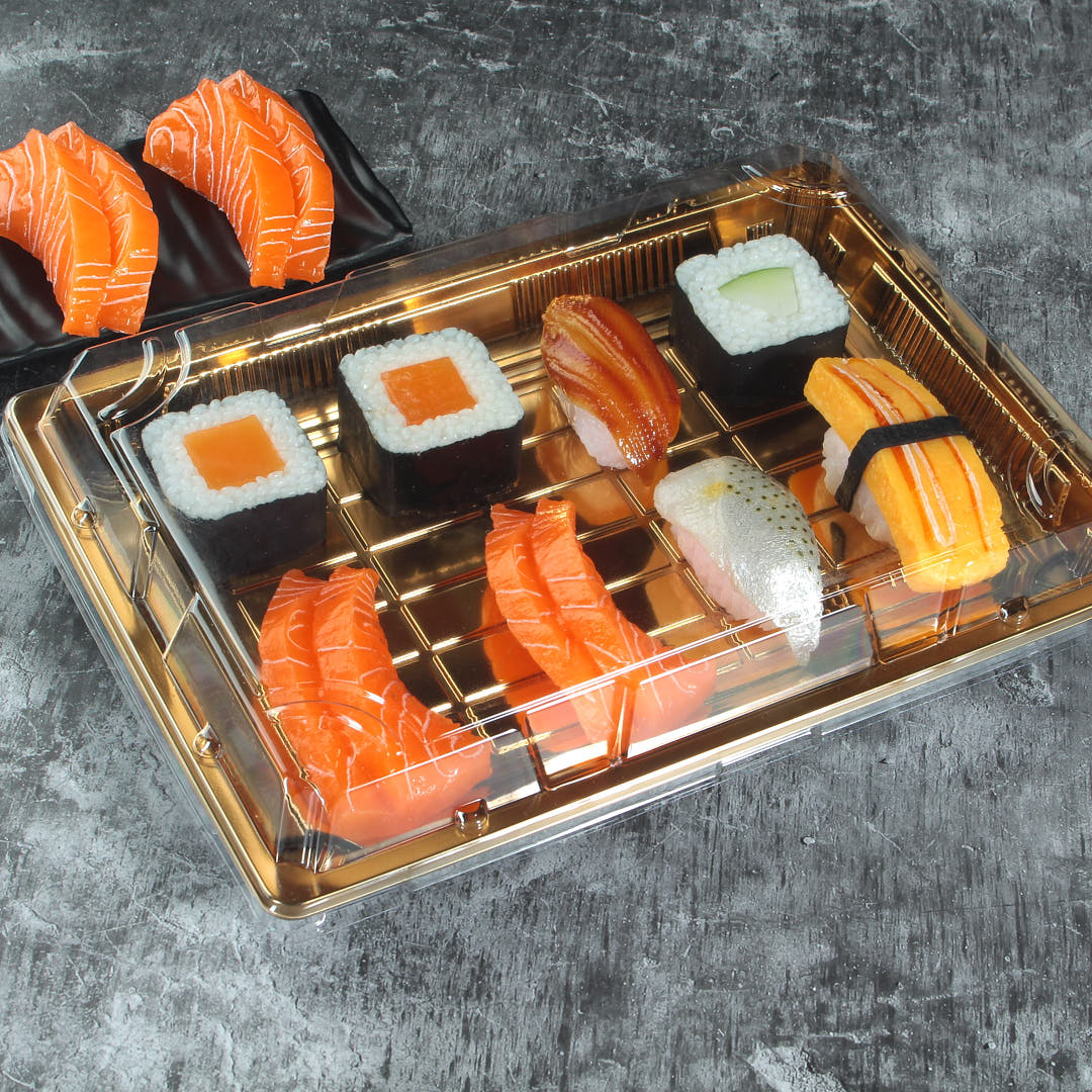 Gold Japanese Sushi Tray with eight pieces of sushi in it｜WL-11