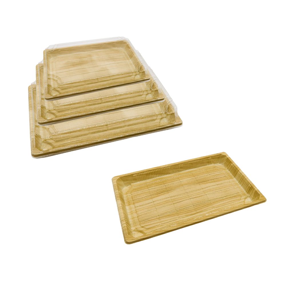 One plastic wooden surface sushi tray is on the foregournd and three different sizes of same type product are on the background