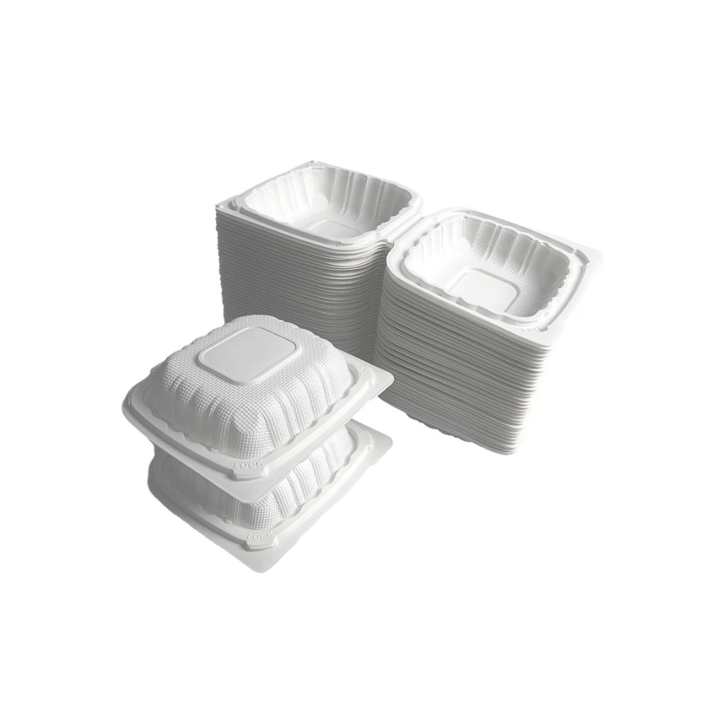 6x6 Inch Clamshell Burger Container are stacked together