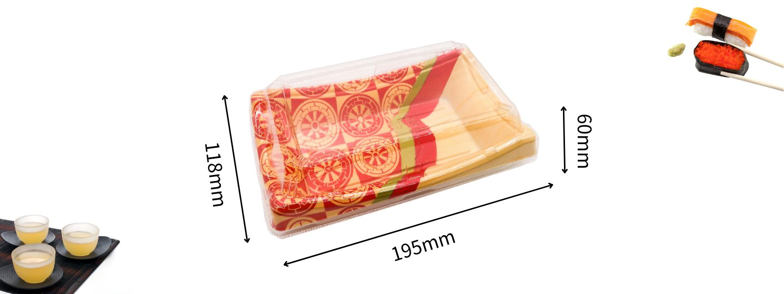 Chinese style sushi container with size parameters around