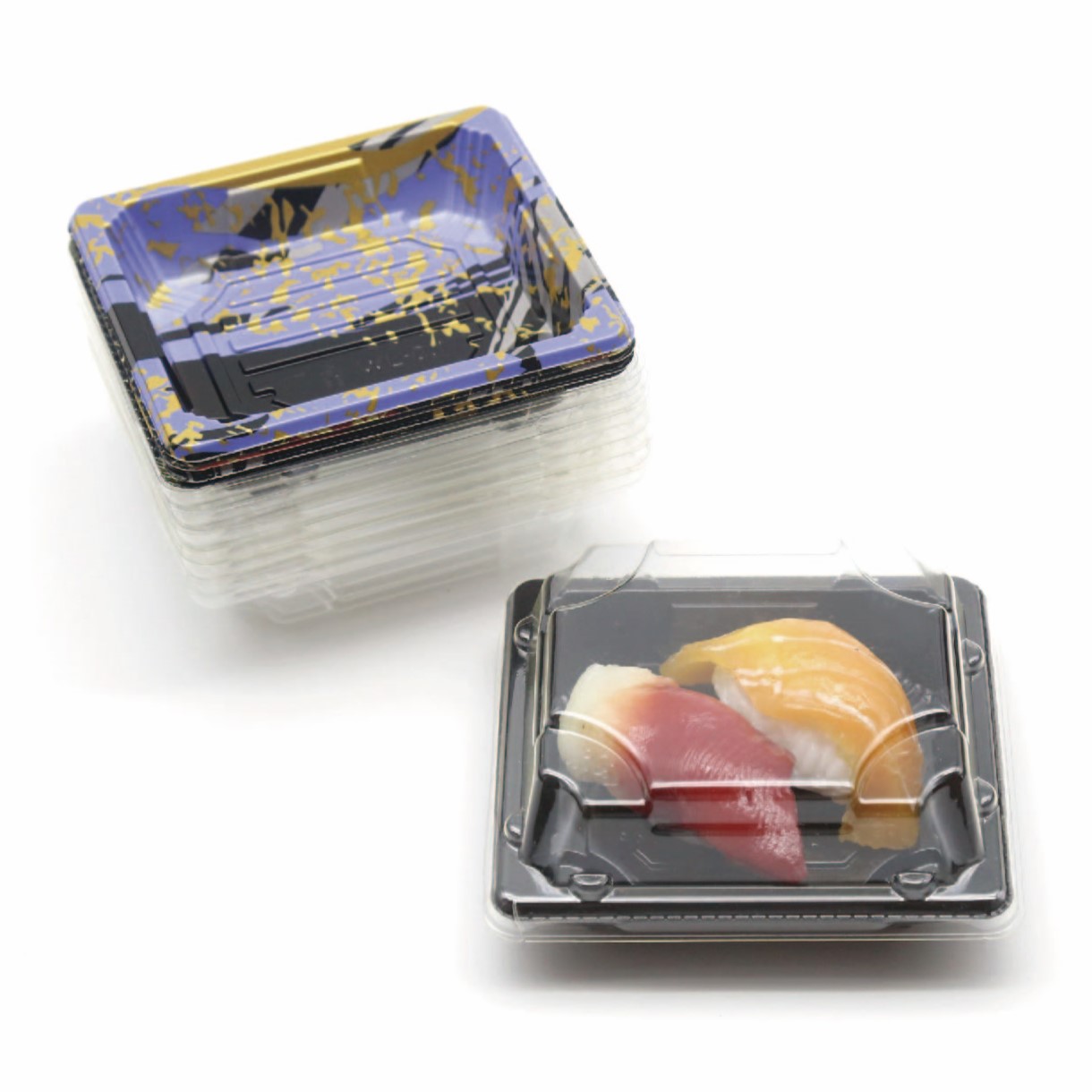 The sushi tray WL-0.1 is stackable for easy storage and placement.