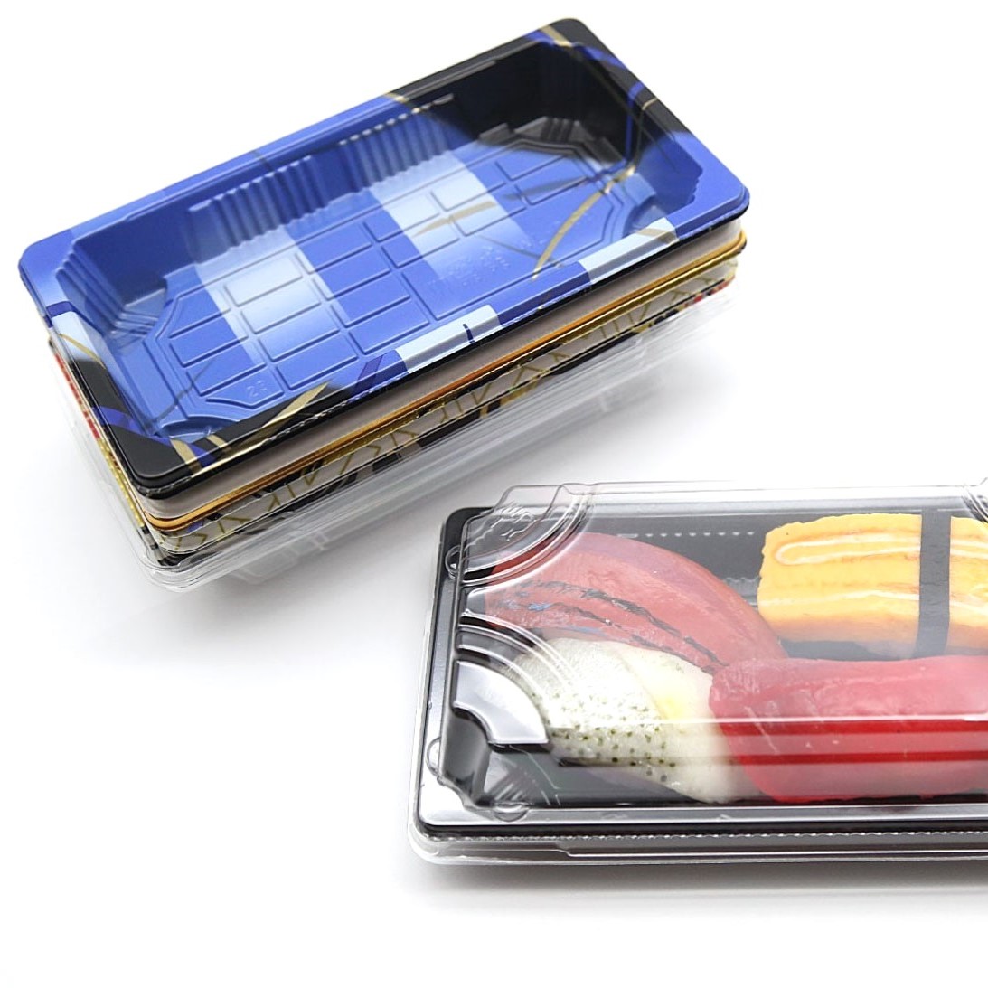 The sushi tray WL-0.6 is stackable for easy storage and placement.