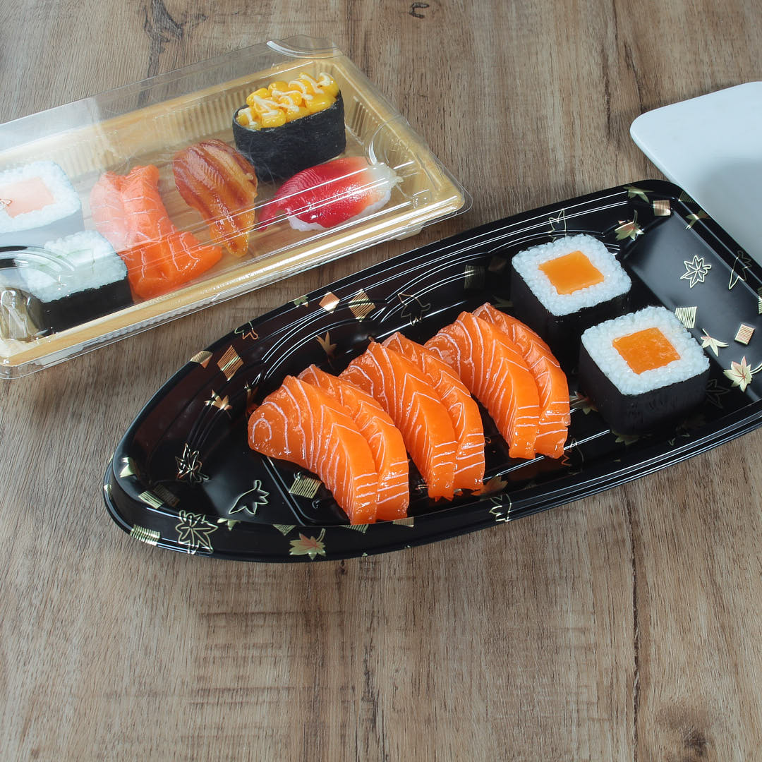 WL-B16 boat shape sushi serving tray with sushis on it and another one sushi box around