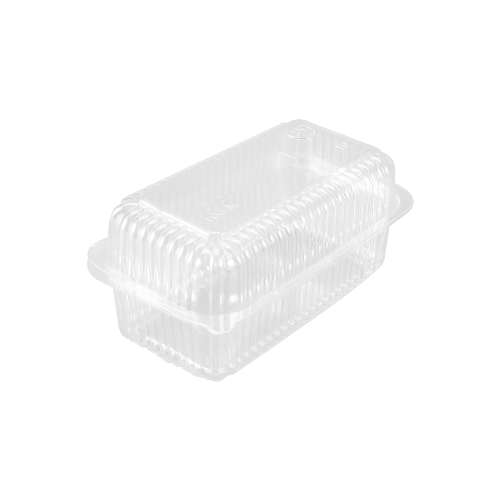 A clear hot dog clamshell container with a 45 degree view