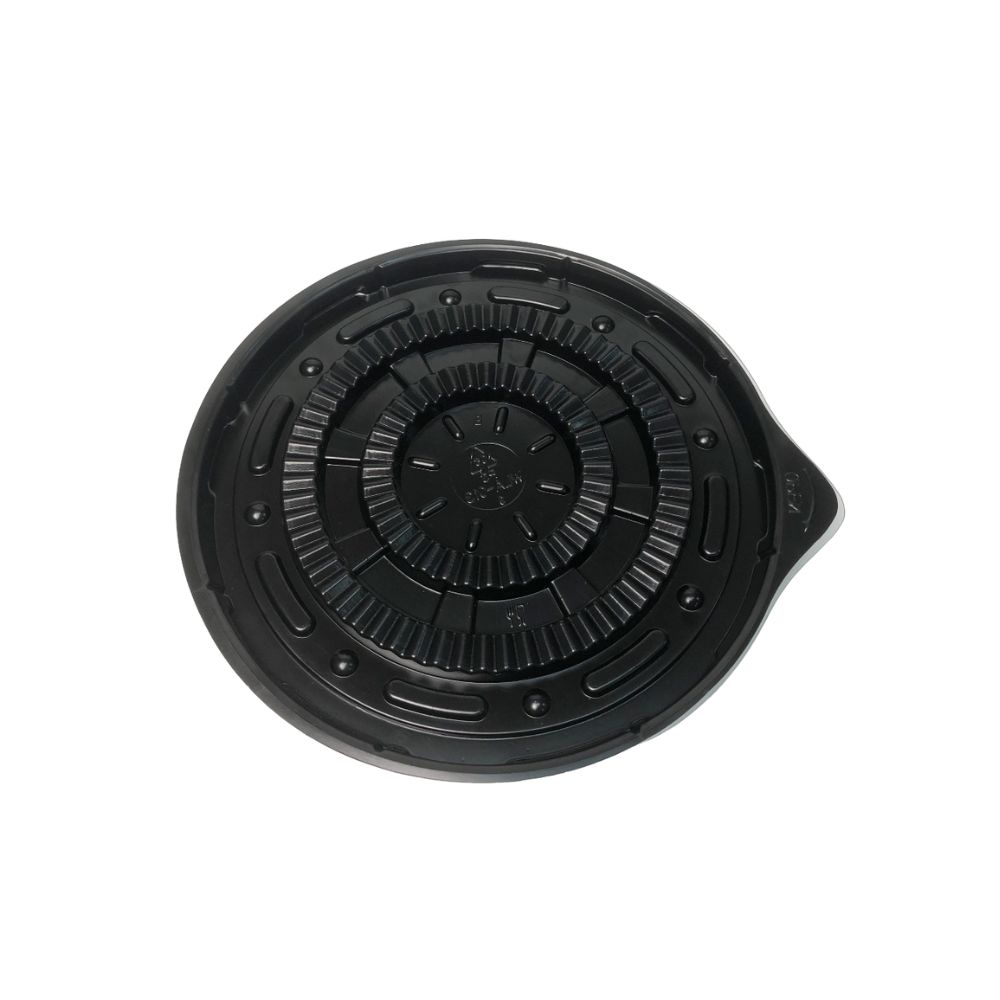 A top-down view of a black cake base on a white background