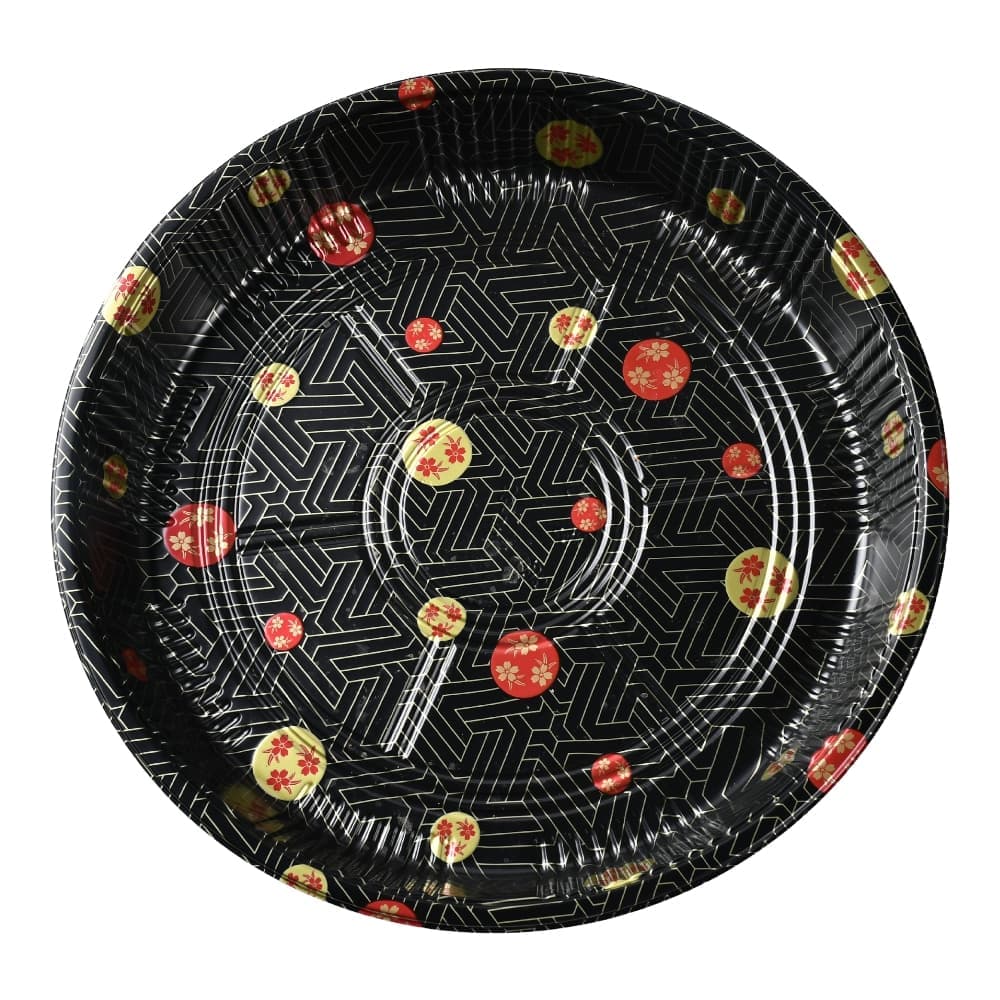 bird view of round party sushi-tray without lid in white background
