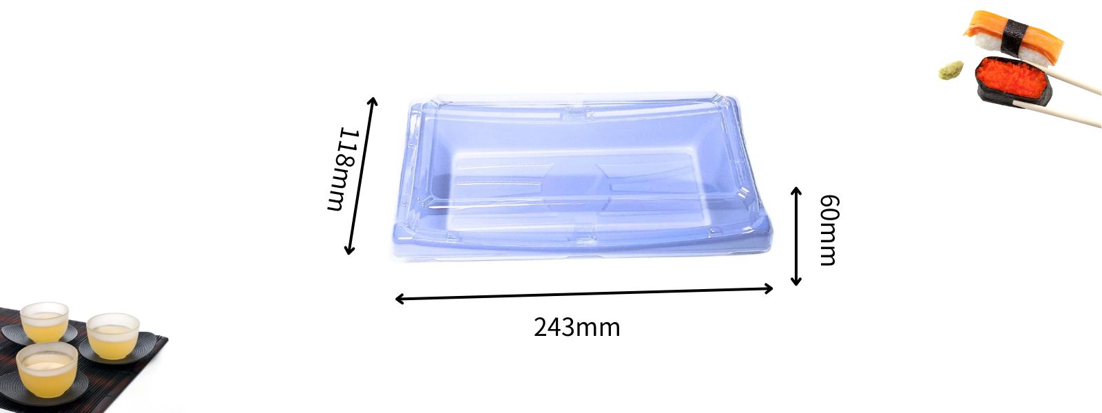 Size of Clear blue Boat sushi tray