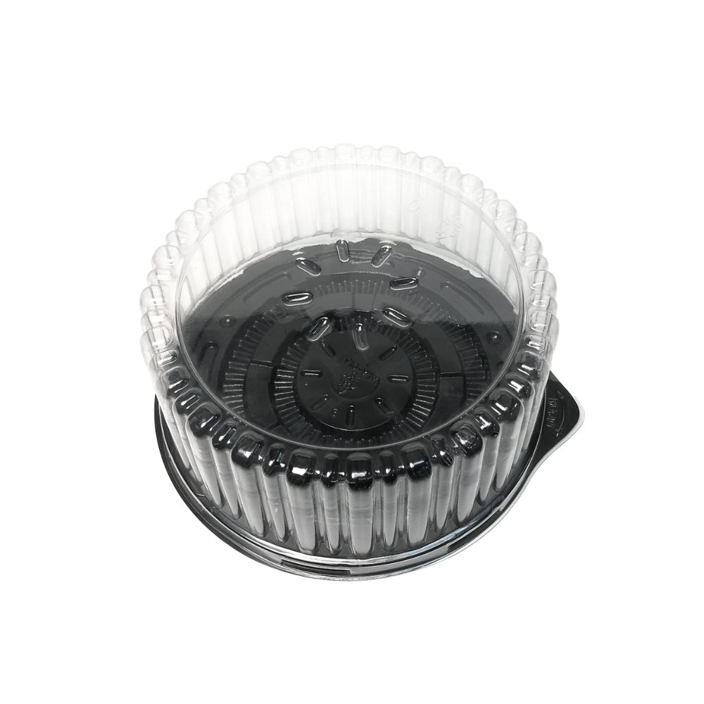 A top-down view of a round black cake box on a white background
