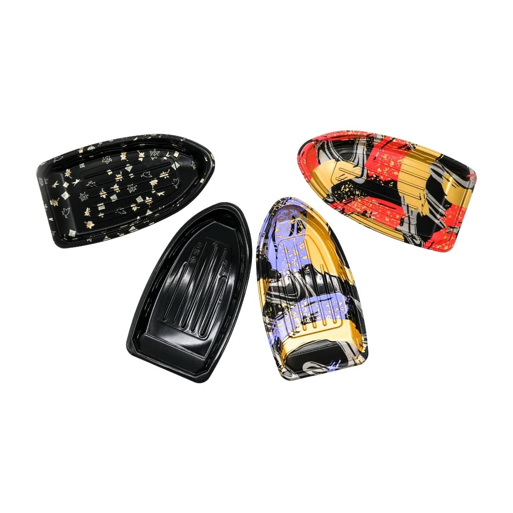various color of boat shape sushi tray：black, black ground with yellow leaf, red gold, blue purple