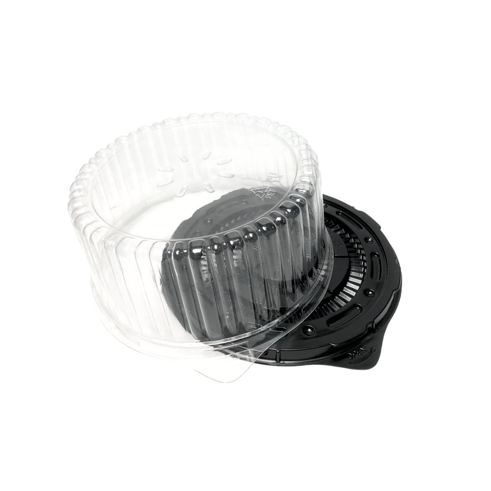 An 9-inch cake box with a transparent lid open and placed on a black base on a white background