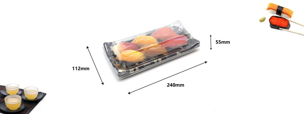A sushi tray with assorted sushi, dimensions 240mm x 112mm x 55mm shown.