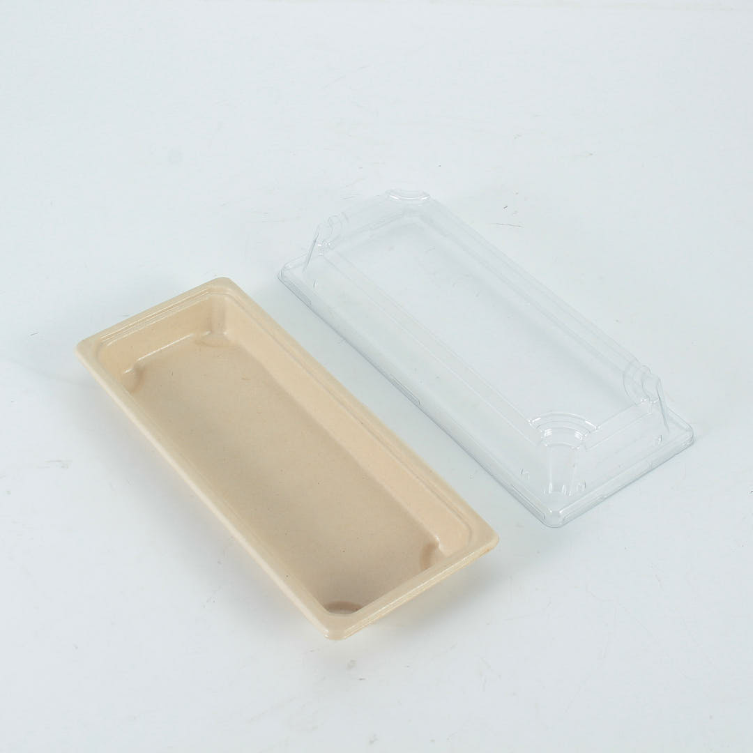 WL01-compostable sushi tray base with a separate clear lid beside