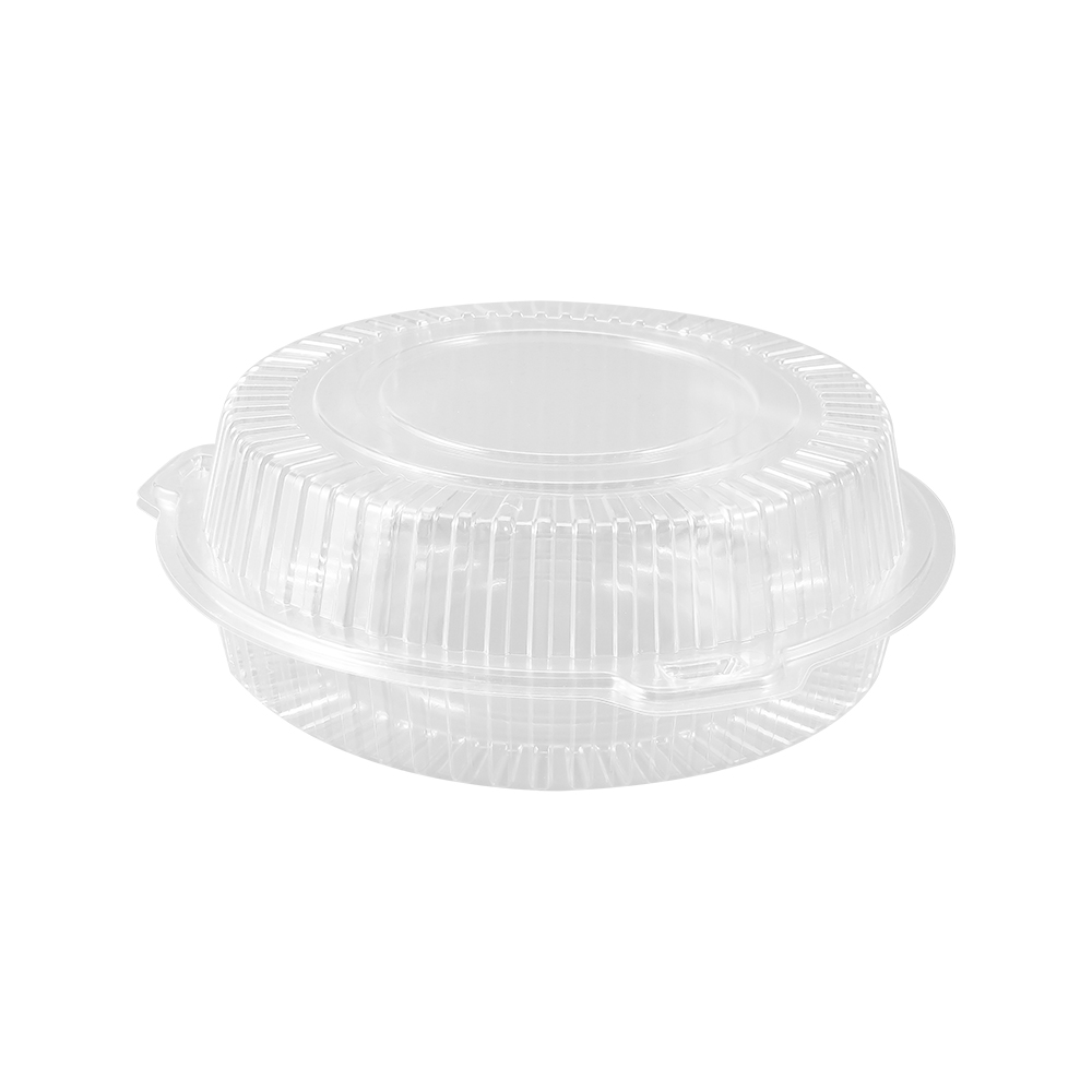 A closed round clear clamshell box