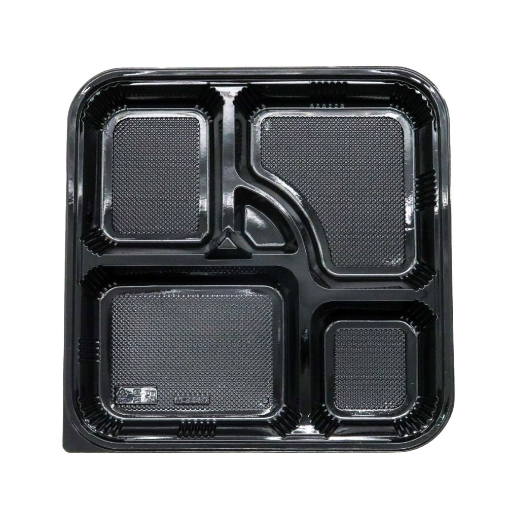 A front view of a 5-compartment bento box without a lid
