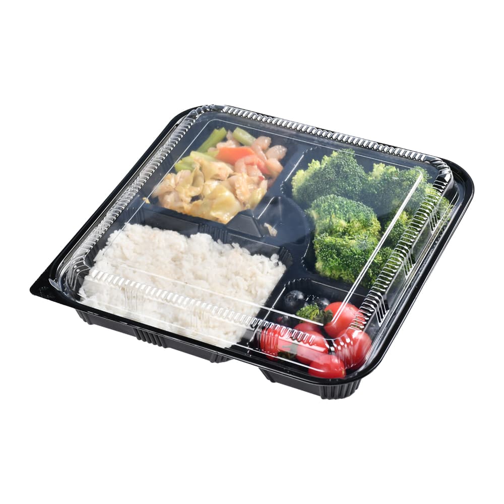 A 5-compartment bento box with different foods in each compartment