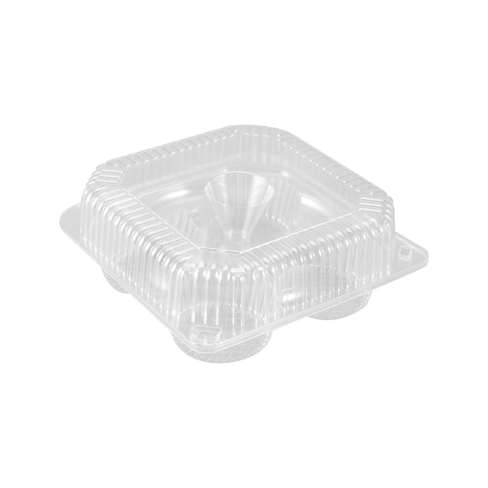 A clear flip-top cupcake container that holds 4 round cakes