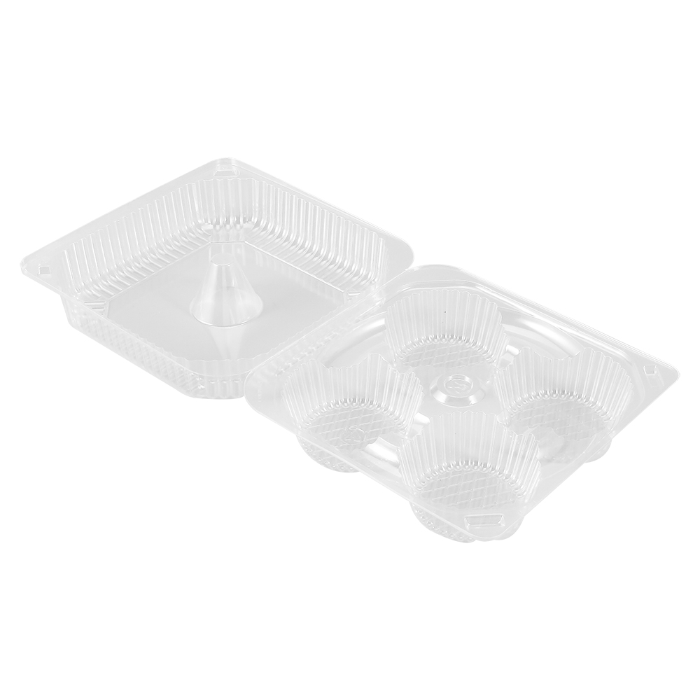An open 4-compartment clear flip-top cupcake container
