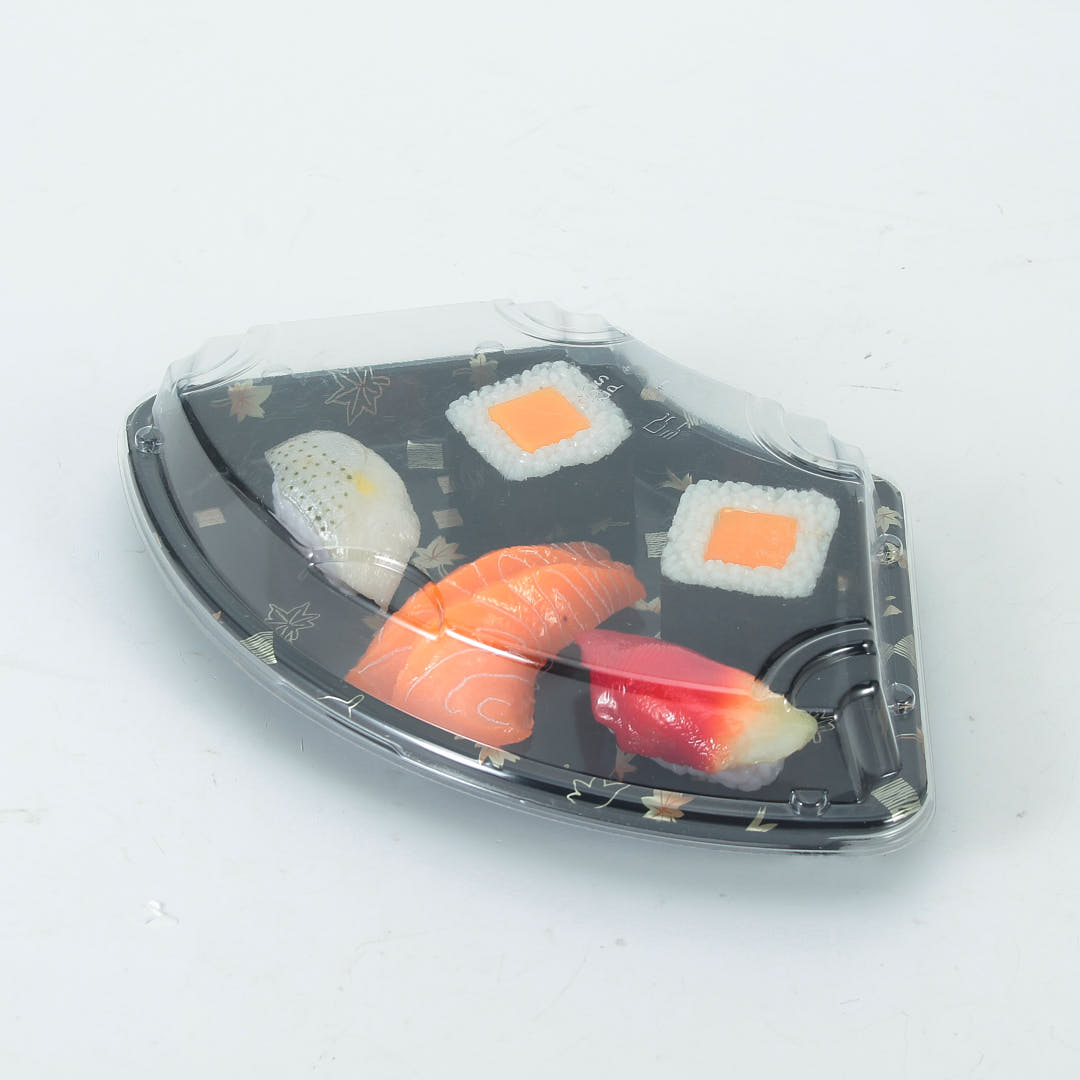 Closed WL-B08 Fan shape sushi tray with five piece of sushi in it