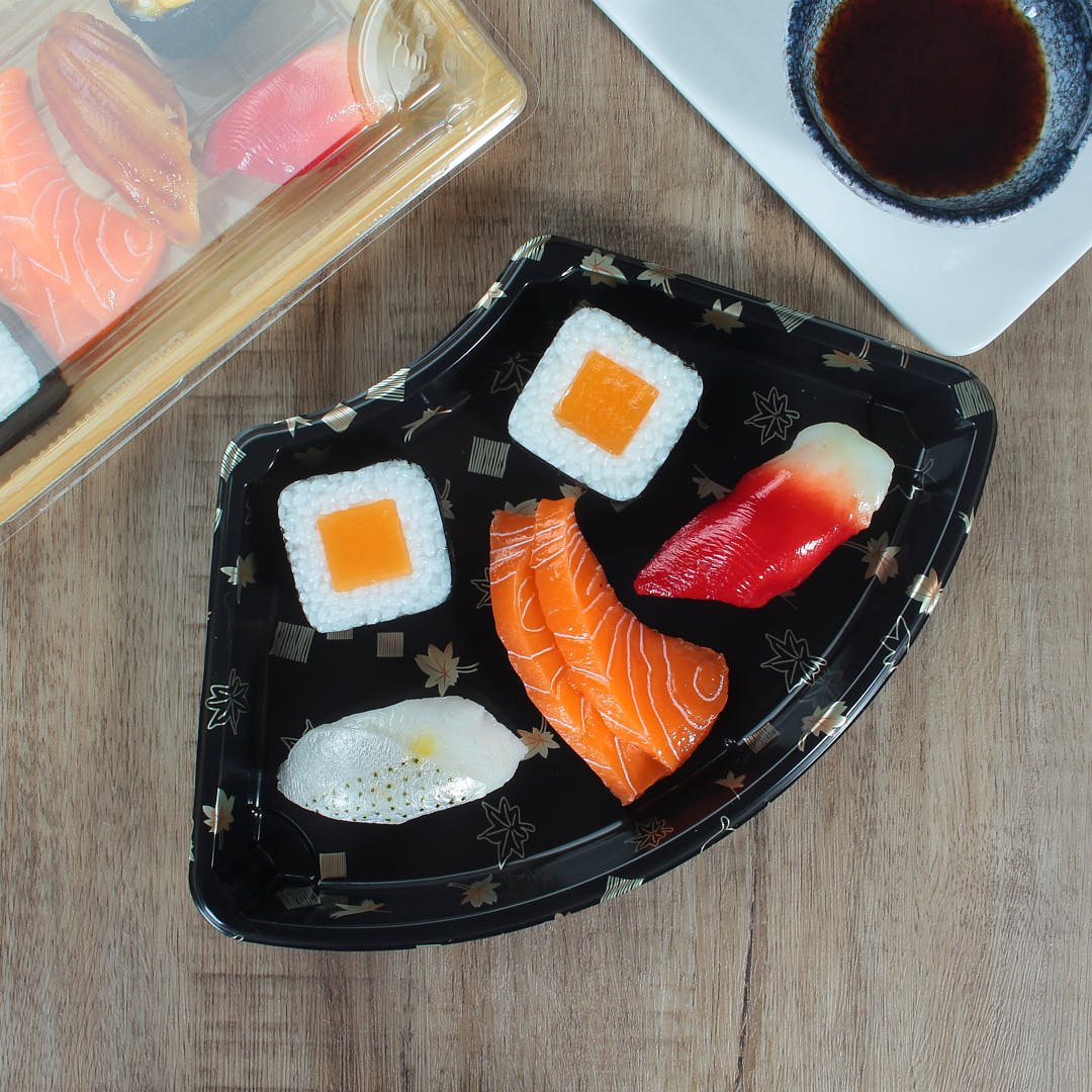 WL-B08 Fan shape sushi tray with five piece of sushi on it