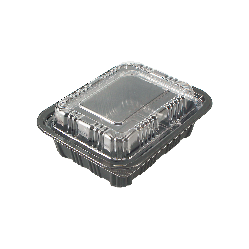 A black bento box with a lid at 45 degrees