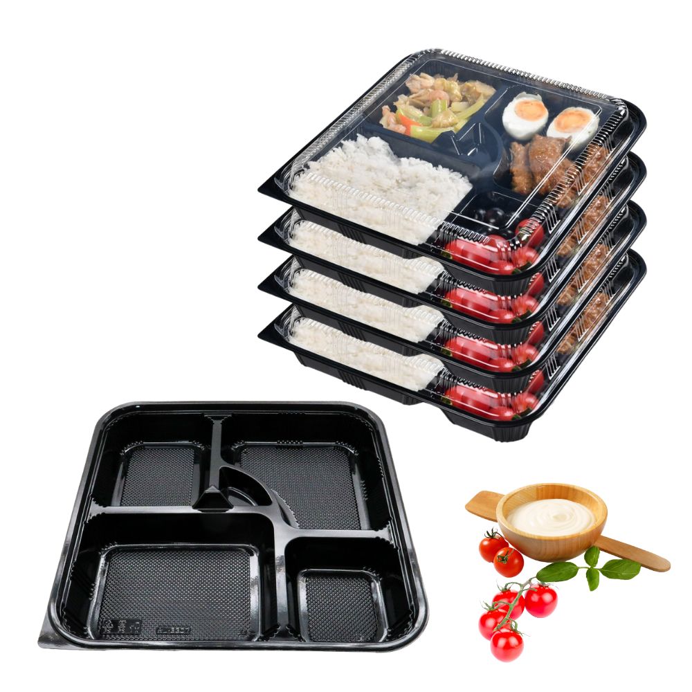 Four bentos of 5 with food and stacked on top of each other, and a bento without a lid in the front