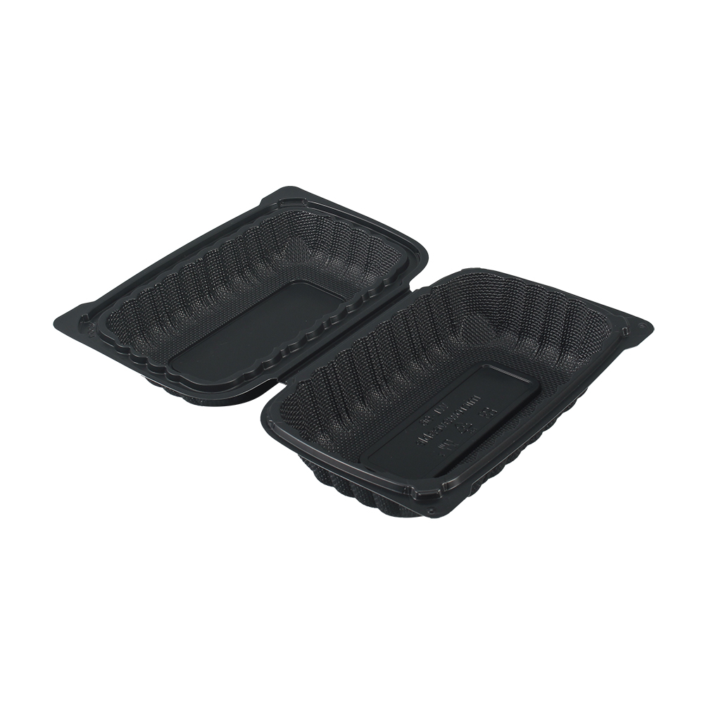 A black plastic clamshell container with a lid opened and laid flat