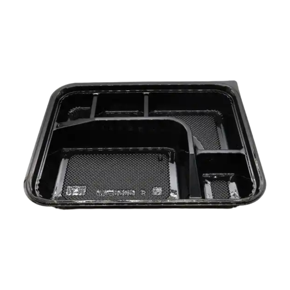 A black 5-compartment bento box without a lid and viewed from the front
