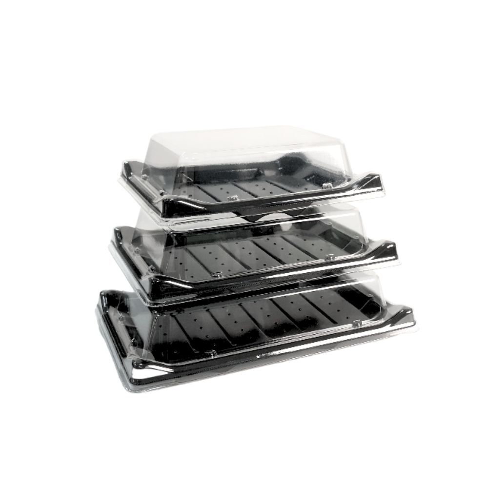 three black boat shape sushi tray with different sizes