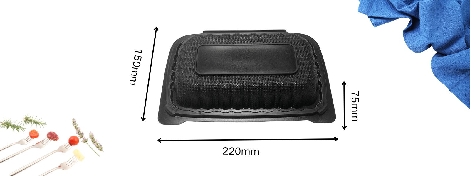 The length, width and height dimensions of the black rectangular clamshell container