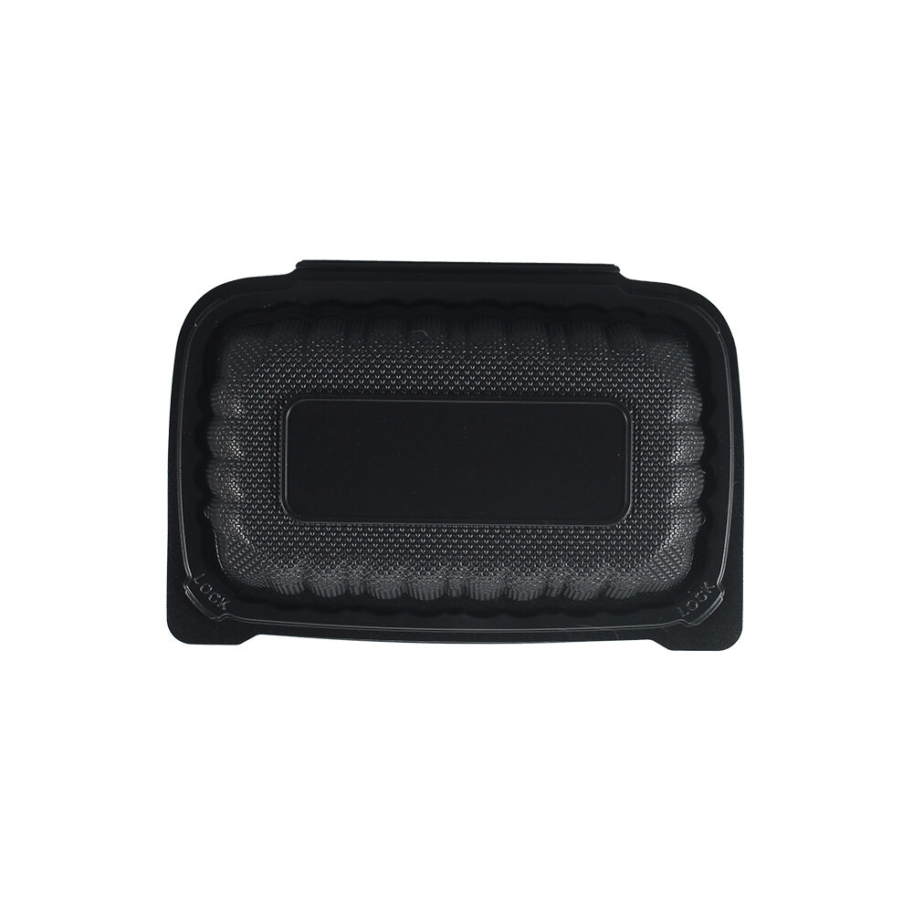 A frontal overhead view of a black plastic clamshell container with the lid closed