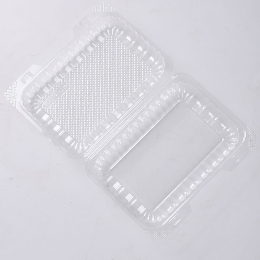 A clear clamshell container opened flat on a light gray background