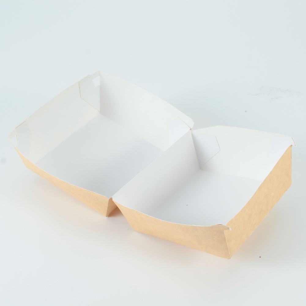 An open kraft paper clamshell storage container that is white inside and light brown outside and lies flat on a white background
