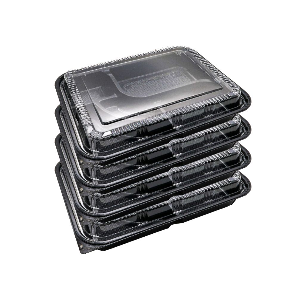 5 disposable black 5-compartment bento boxes stacked together