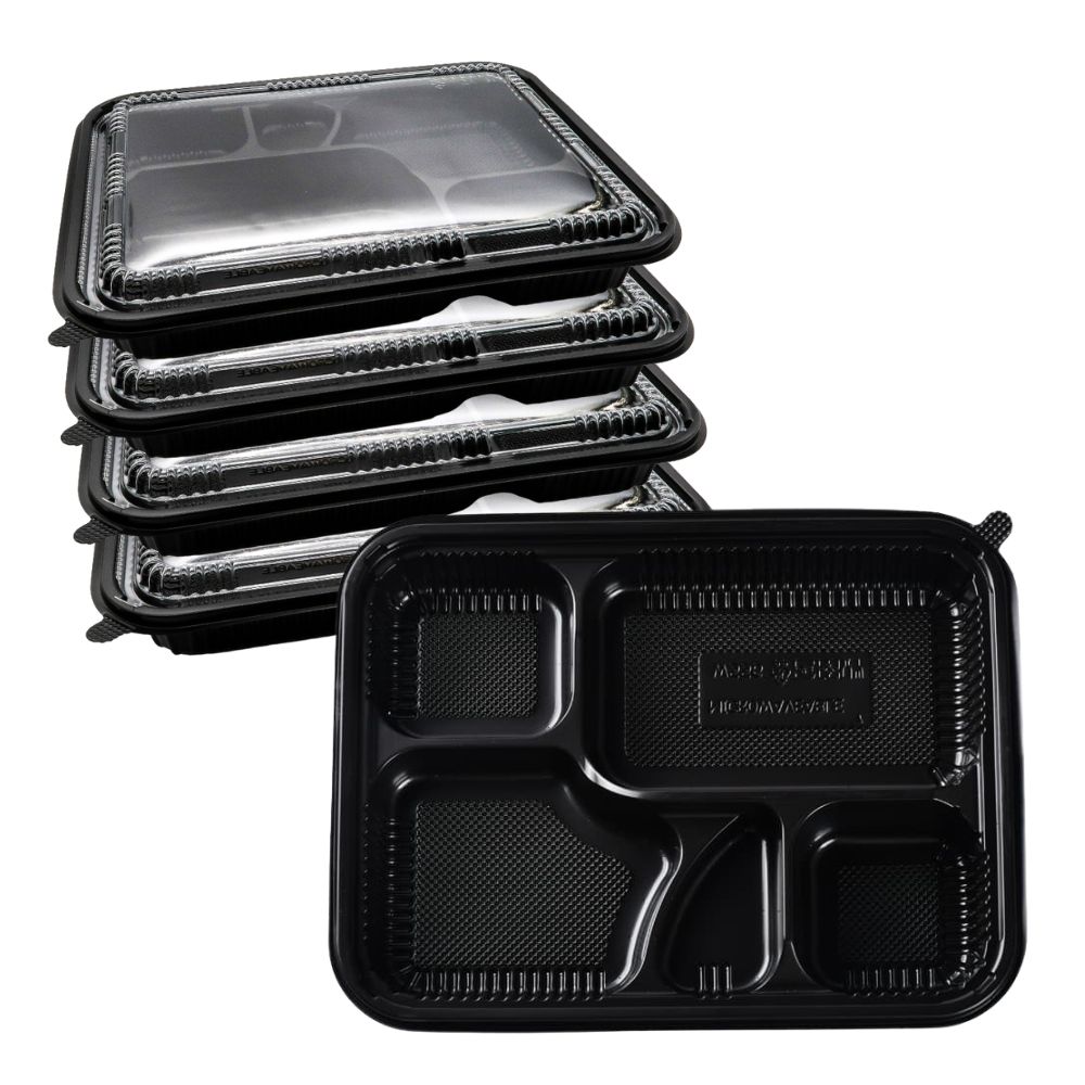 4 black 5-compartment bento boxes with lids stacked on top of each other, with a front bento box without a lid sitting in front