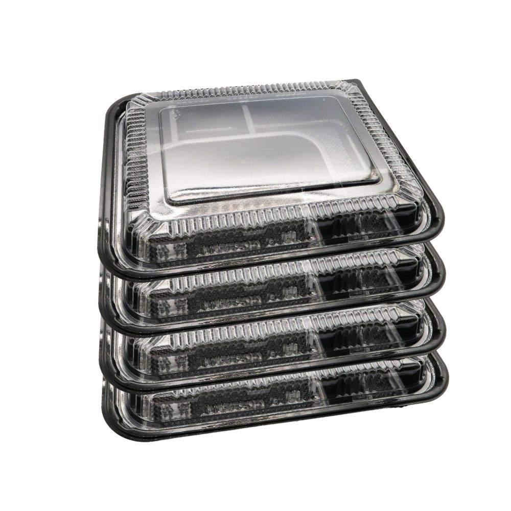 4 stacked disposable black 5-compartment bento boxes