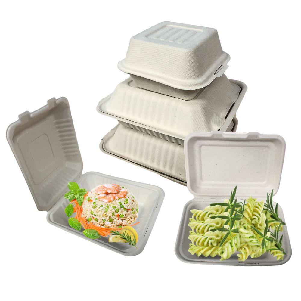 various sizes of Biodegradable food container. some are stacked together,some are open with some food inside.