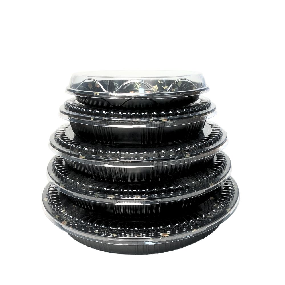 various sizes of round sushi party tray are stacked together