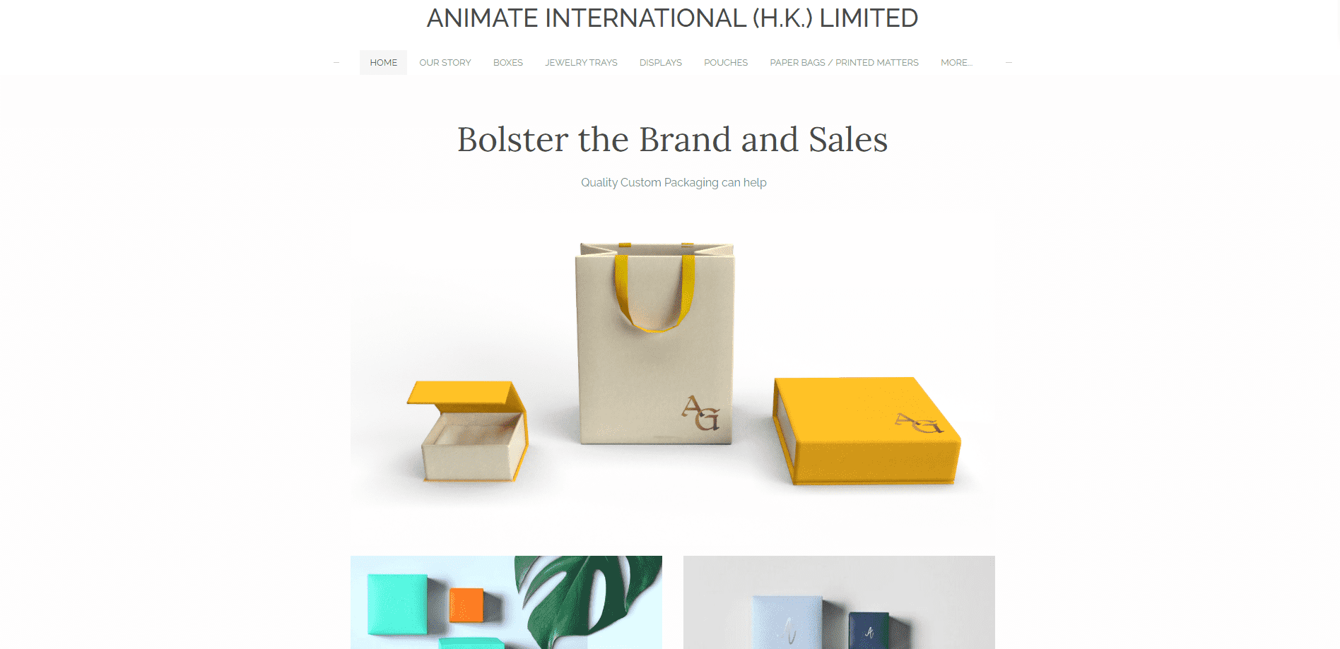 Animate International (H.K.) Ltd. website page. The page content contains three carton packaging box displays and some English introductions.