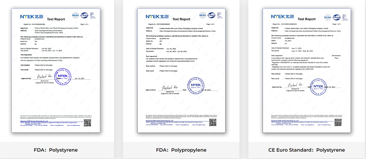 2 FDA certifications for plastic packaging and 1 EU certification for plastic packaging.