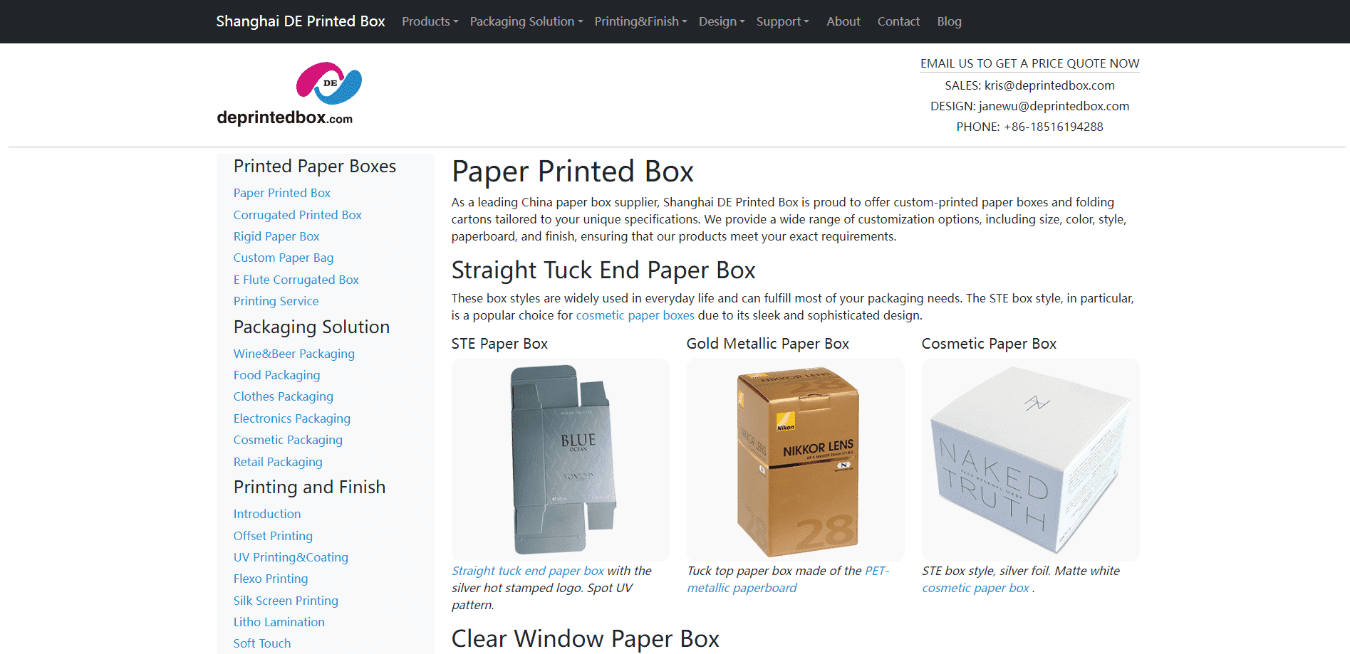 The website page of Shanghai DE Printed Box Co., Ltd. The page content includes three carton packaging box displays and product list columns.