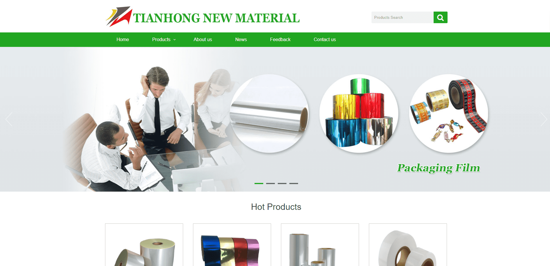 .Jieshou Tianhong New Material Co., Ltd.’s website page. The page content includes packaging film posters and hot-selling product display packaging.