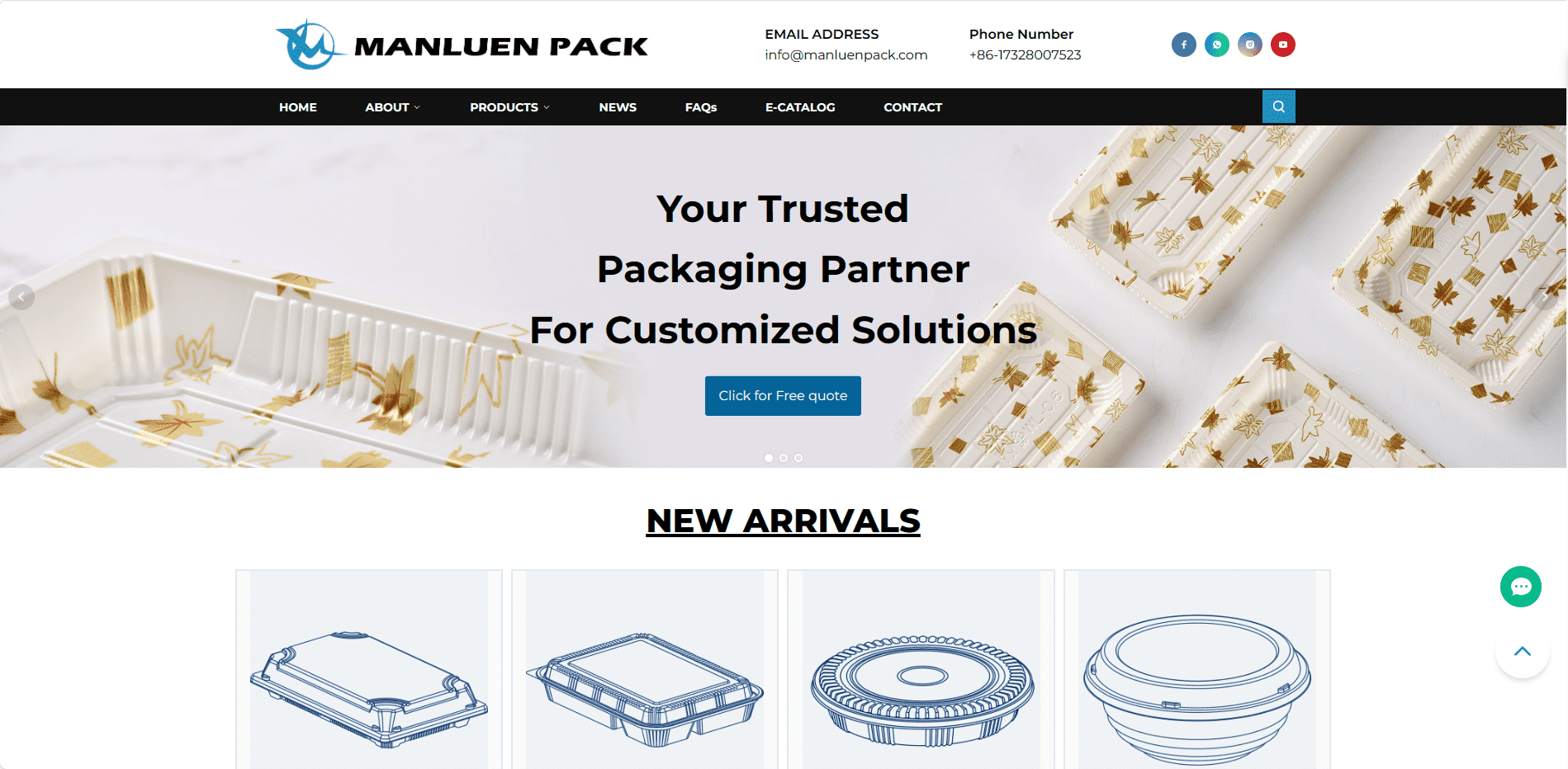 A picture of the homepage of the Manluen Pack company website. The picture includes a sushi box poster, website navigation, main product pictures and contact information.