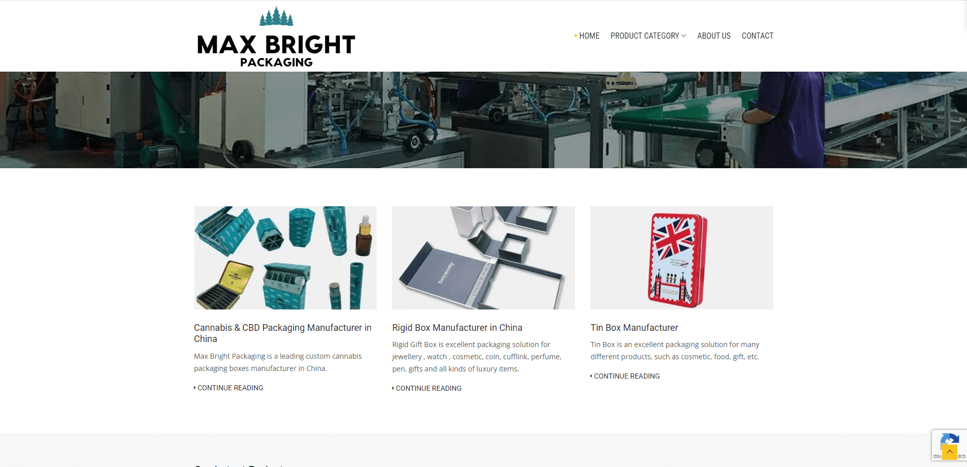 Max Bright Packaging Ltd. website page. The page content includes product posters and product displays.