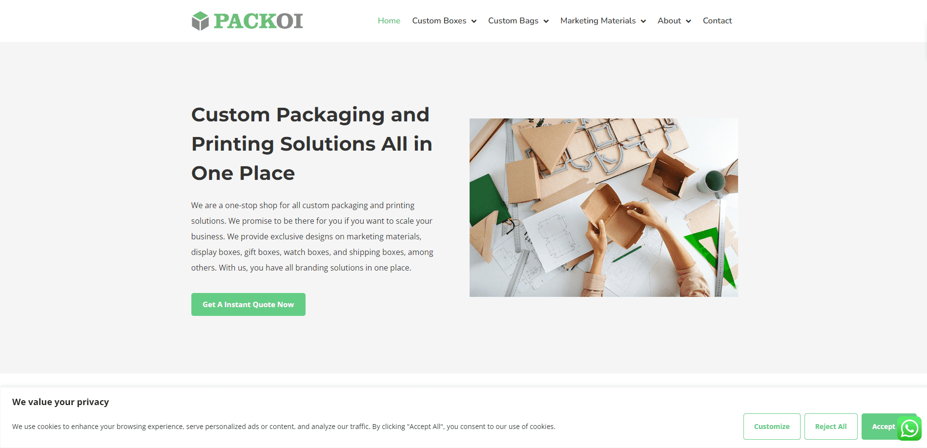 The website page of Guangzhou Packoi Printing Co,. Ltd., which contains product posters and brief introductions of the company.