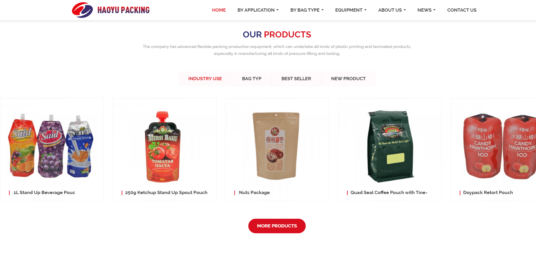 The website page of Qingdao Haoyu Packing Co., Ltd. The page content includes main product introduction and displays the packaging of tomato sauce and food paper bags.