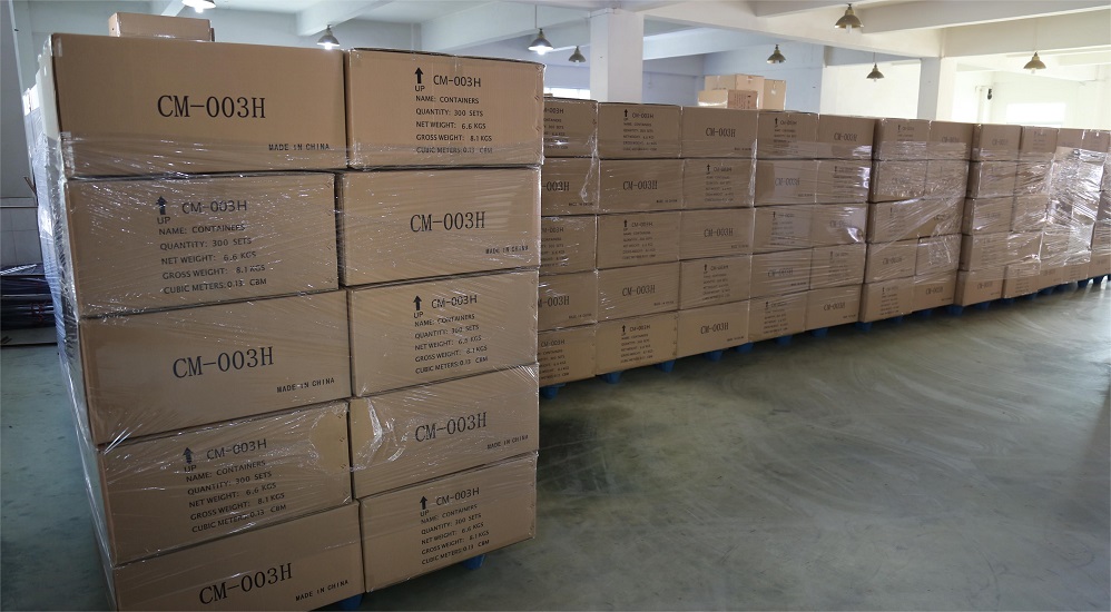 Many boxes packed with products are stacked and stored in the warehouse