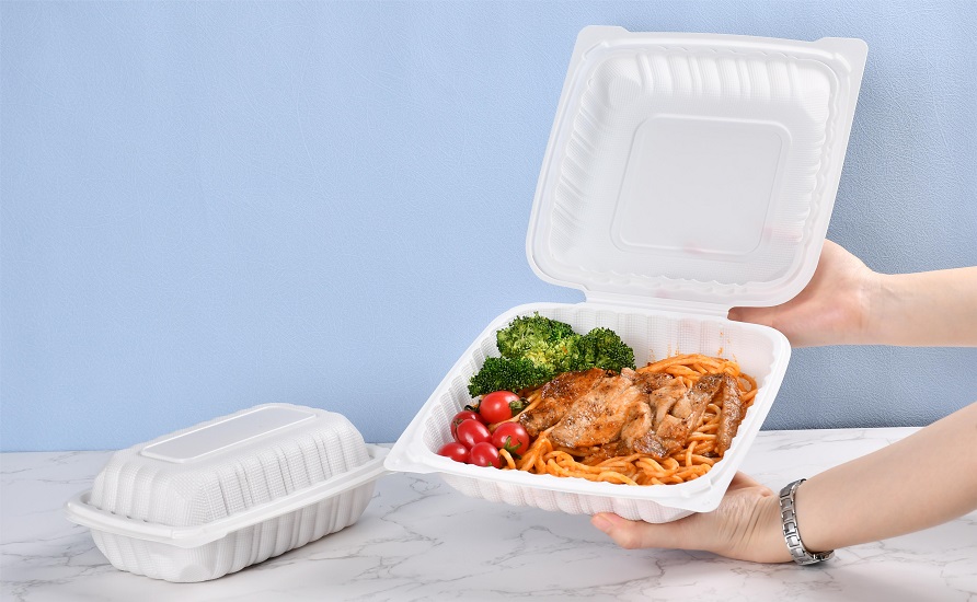 A rectangular Clamshell Container with a closed lid and a square white Clamshell Container held in both hands holding noodles on a blue and white background.