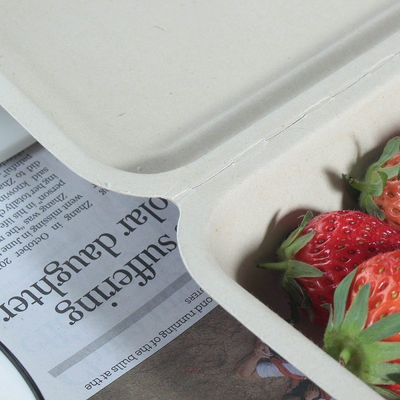 A natural color bagasse rectangular clamshell container is filled with red strawberries and a piece of English newspaper, but only the details of the fold of the box are shown